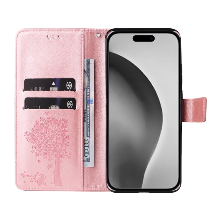 For iPhone 16 Pro Max Tree & Cat Embossed Pattern Flip Leather Phone Case(Rose Gold) - iPhone 16 Pro Max Cases by buy2fix | Online Shopping UK | buy2fix