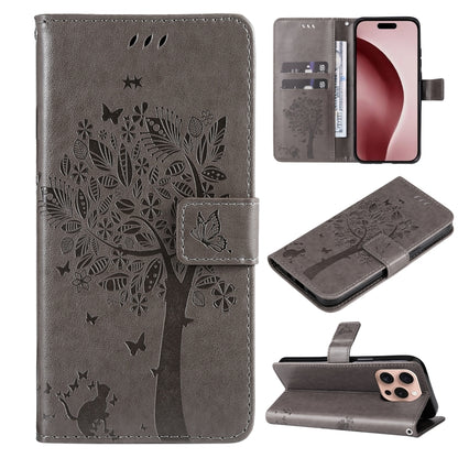 For iPhone 16 Pro Tree & Cat Embossed Pattern Flip Leather Phone Case(Grey) - iPhone 16 Pro Cases by buy2fix | Online Shopping UK | buy2fix