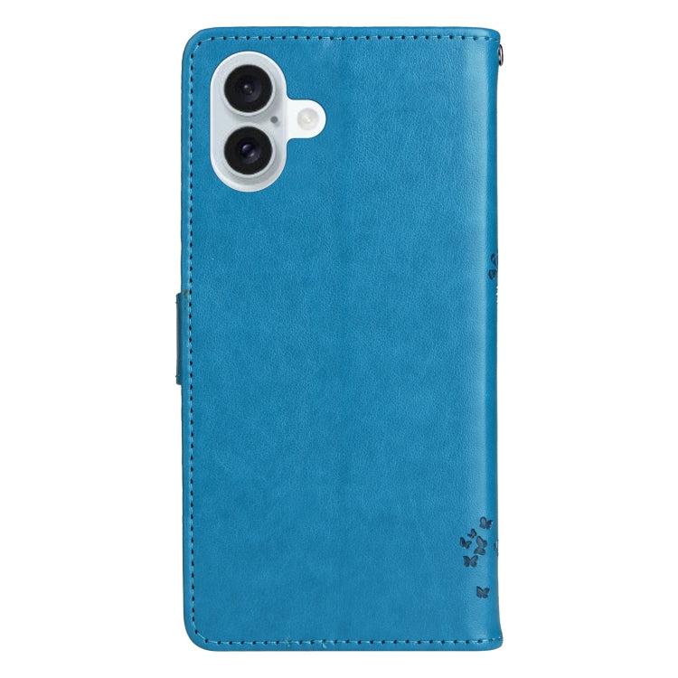 For iPhone 16 Plus Tree & Cat Embossed Pattern Flip Leather Phone Case(Blue) - iPhone 16 Plus Cases by buy2fix | Online Shopping UK | buy2fix