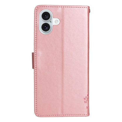 For iPhone 16 Plus Tree & Cat Embossed Pattern Flip Leather Phone Case(Rose Gold) - iPhone 16 Plus Cases by buy2fix | Online Shopping UK | buy2fix