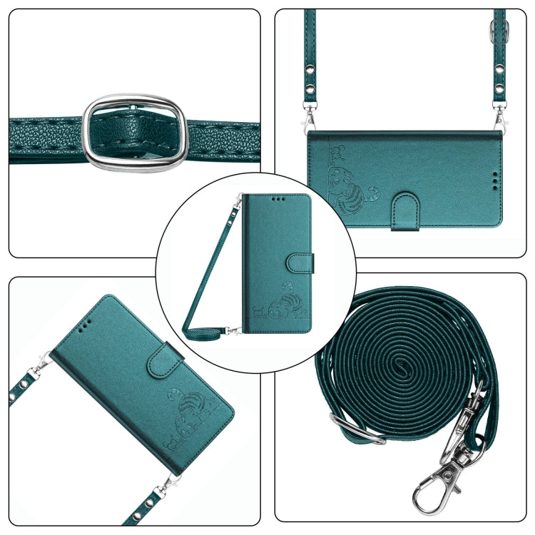 For OPPO Find X7 Cat Rat Embossed Pattern RFID Leather Phone Case with Lanyard(Peacock Green) - Find X7 Cases by buy2fix | Online Shopping UK | buy2fix