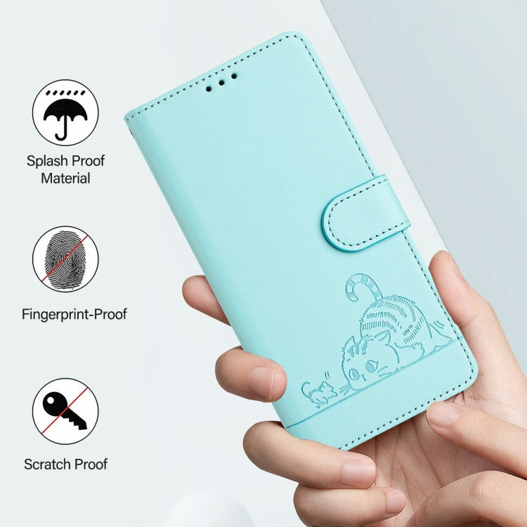 For OPPO Reno11 F 5G Global Cat Rat Embossed Pattern RFID Leather Phone Case with Lanyard(Mint Green) - Reno11 F Cases by buy2fix | Online Shopping UK | buy2fix