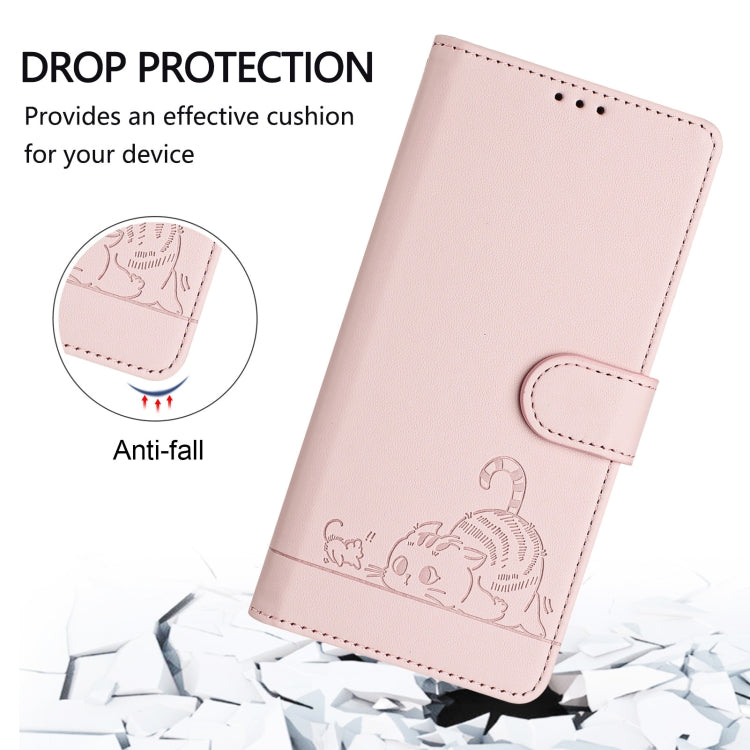 For Motorola Moto G Play 4G 2024 Global Cat Rat Embossed Pattern RFID Leather Phone Case with Lanyard(Pink) - Motorola Cases by buy2fix | Online Shopping UK | buy2fix