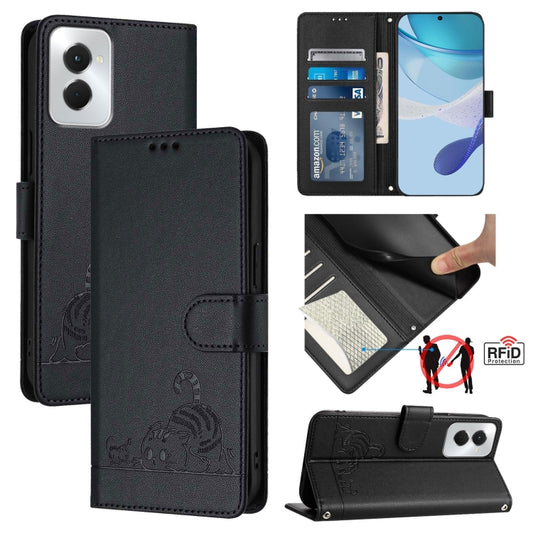 For Motorola Moto G Power 5G 2024 Cat Rat Embossed Pattern RFID Leather Phone Case with Lanyard(Black) - Motorola Cases by buy2fix | Online Shopping UK | buy2fix