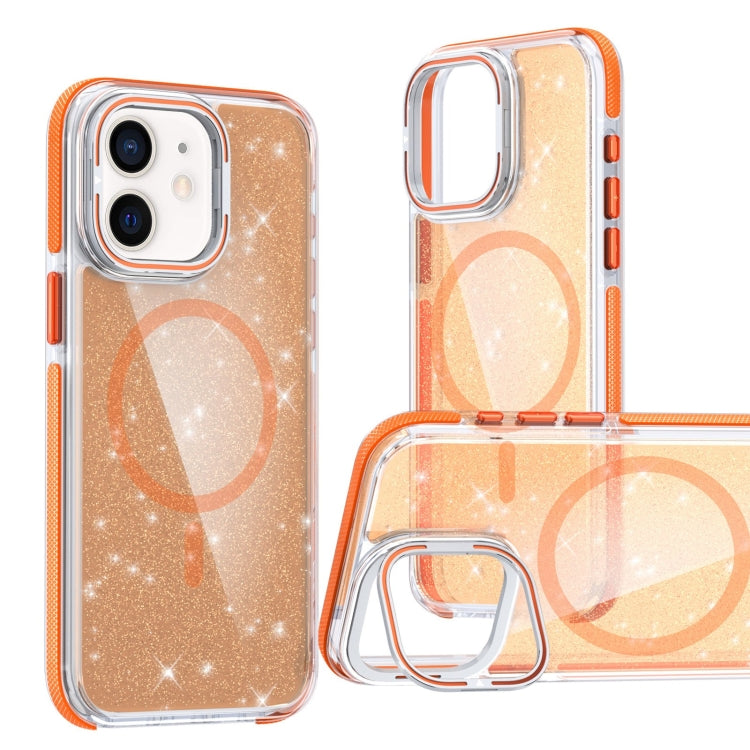 For iPhone 11 Two-color Glitter Powder Lens Holder Magsafe Phone Case(Orange) - iPhone 11 Cases by buy2fix | Online Shopping UK | buy2fix