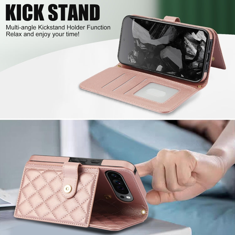 For Google Pixel 9 Pro XL Crossbody Multifunction Rhombic Leather Phone Case(Rose Gold) - Google Cases by buy2fix | Online Shopping UK | buy2fix