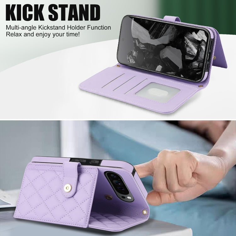 For Google Pixel 9 Pro XL Crossbody Multifunction Rhombic Leather Phone Case(Purple) - Google Cases by buy2fix | Online Shopping UK | buy2fix