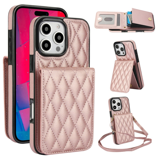 For iPhone 16 Pro Max YM015 Crossbody Rhombic Card Bag RFID Phone Case(Rose Gold) - iPhone 16 Pro Max Cases by buy2fix | Online Shopping UK | buy2fix