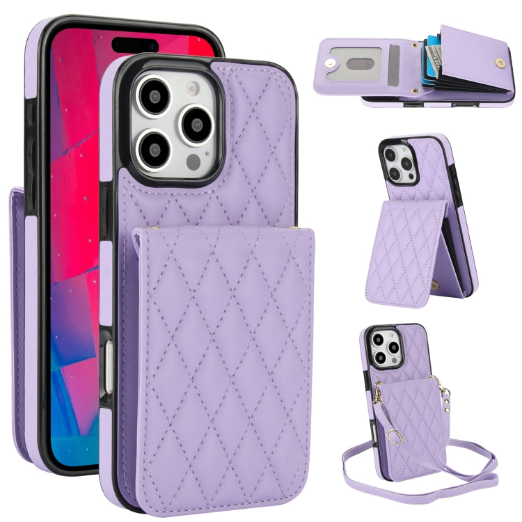 For iPhone 16 Pro YM015 Crossbody Rhombic Card Bag RFID Phone Case(Light Purple) - iPhone 16 Pro Cases by buy2fix | Online Shopping UK | buy2fix