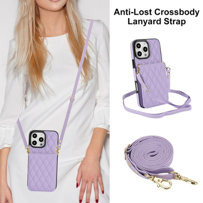 For iPhone 16 Pro YM015 Crossbody Rhombic Card Bag RFID Phone Case(Light Purple) - iPhone 16 Pro Cases by buy2fix | Online Shopping UK | buy2fix