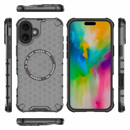 For iPhone 16 Plus Honeycomb Magnetic Ring Shockproof Phone Case(Black) - iPhone 16 Plus Cases by buy2fix | Online Shopping UK | buy2fix