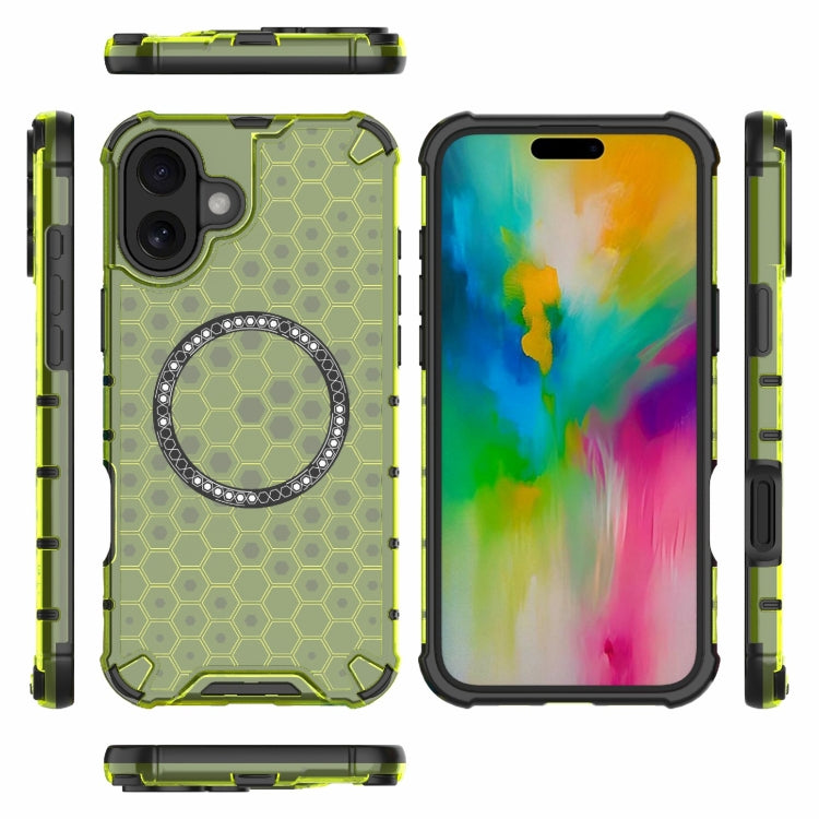 For iPhone 16 Plus Honeycomb Magnetic Ring Shockproof Phone Case(Green) - iPhone 16 Plus Cases by buy2fix | Online Shopping UK | buy2fix