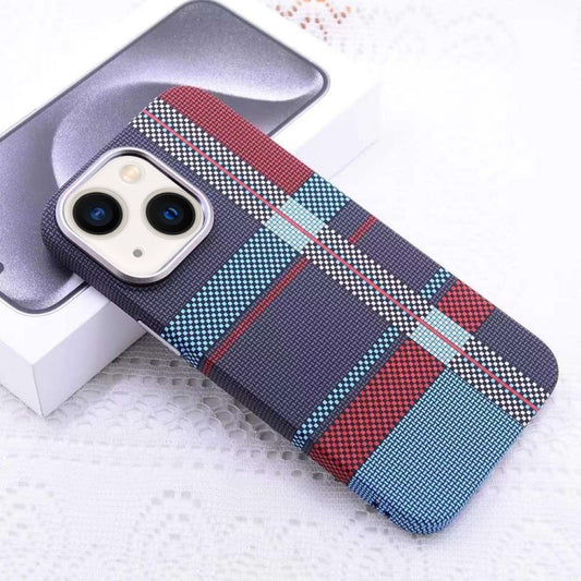 For iPhone 14 Kevlar Carbon Fiber Texture MagSafe Magnetic Phone Case(Red Blue Checkered) - iPhone 14 Cases by buy2fix | Online Shopping UK | buy2fix