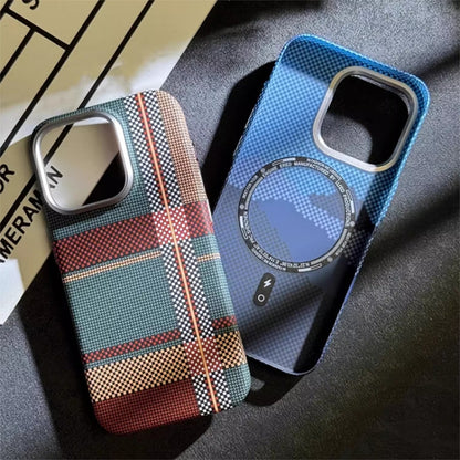 For iPhone 14 Kevlar Carbon Fiber Texture MagSafe Magnetic Phone Case(Red Blue Checkered) - iPhone 14 Cases by buy2fix | Online Shopping UK | buy2fix