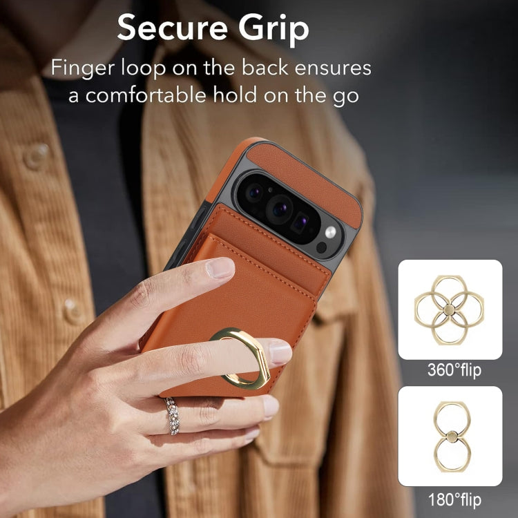 For Google Pixel 9 RFID Anti-theft Card Ring Holder Phone Case(Brown) - Google Cases by buy2fix | Online Shopping UK | buy2fix