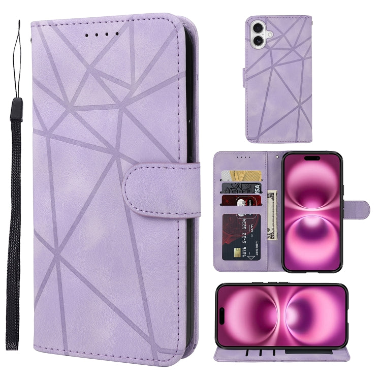 For iPhone 16 Plus Skin Feel Geometric Lines Leather Phone Case(Purple) - iPhone 16 Plus Cases by buy2fix | Online Shopping UK | buy2fix