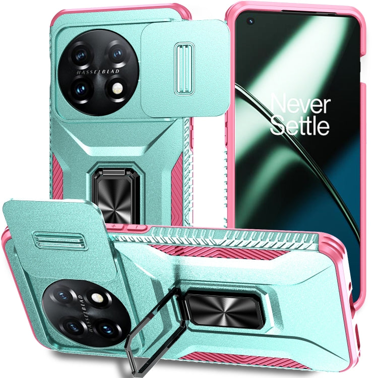 For OnePlus 11 5G Sliding Camshield Holder Phone Case(Grey Green + Pink) - OnePlus Cases by buy2fix | Online Shopping UK | buy2fix