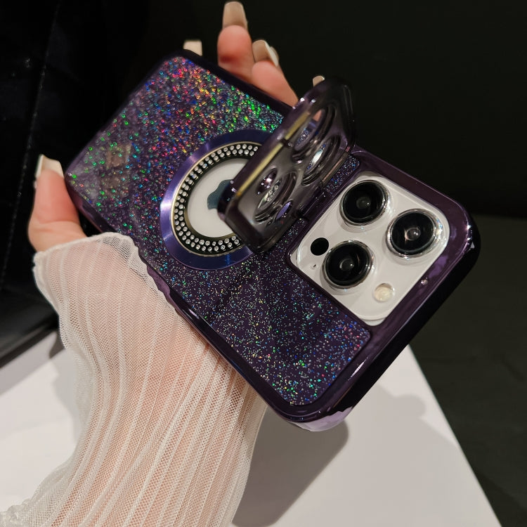 For iPhone 14 Pro Starry Glitter MagSafe Lens Holder Phone Case(Purple) - iPhone 14 Pro Cases by buy2fix | Online Shopping UK | buy2fix