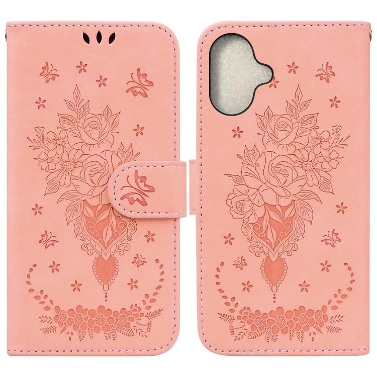 For iPhone 16 Plus Butterfly Rose Embossed Leather Phone Case(Pink) - iPhone 16 Plus Cases by buy2fix | Online Shopping UK | buy2fix