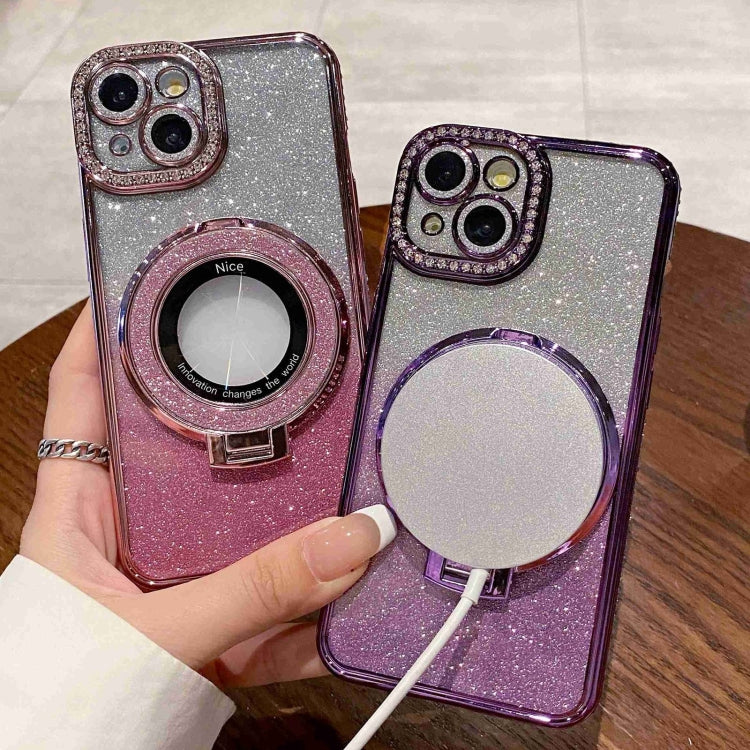 For iPhone 13 Pro Max Gradient Glitter Diamond Plated Holder Magsafe Phone Case(Silver) - iPhone 13 Pro Max Cases by buy2fix | Online Shopping UK | buy2fix