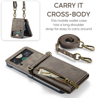 For Samsung Galaxy Z Flip4 5G DG.MING M5 Series Zip RFID Multi Card Detachable Leather Phone Case with Long Lanyard(Coffee) - Galaxy Z Flip4 5G Cases by DG.MING | Online Shopping UK | buy2fix