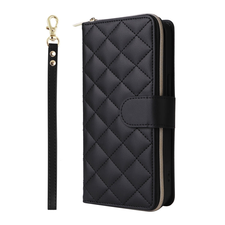 For iPhone 16 Pro Crossbody Rhombic Zipper Tower Buckle Leather Phone Case with Lanyard(Black) - iPhone 16 Pro Cases by buy2fix | Online Shopping UK | buy2fix