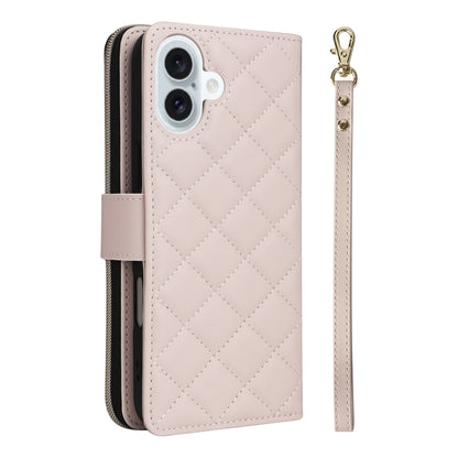 For iPhone 16 Plus Crossbody Rhombic Zipper Tower Buckle Leather Phone Case with Lanyard(Beige) - iPhone 16 Plus Cases by buy2fix | Online Shopping UK | buy2fix