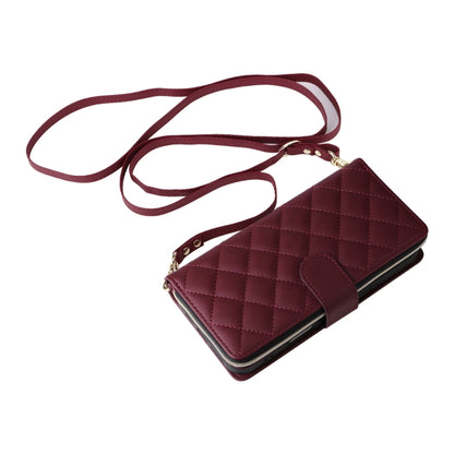 For iPhone 16 Crossbody Rhombic Zipper Tower Buckle Leather Phone Case with Lanyard(Wine Red) - iPhone 16 Cases by buy2fix | Online Shopping UK | buy2fix