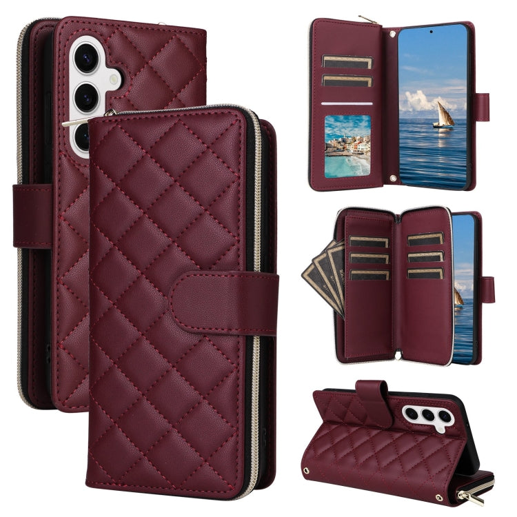 For Samsung Galaxy S25 5G Crossbody Rhombic Zipper Tower Buckle Leather Phone Case with Lanyard(Wine Red) - Galaxy S25 5G Cases by buy2fix | Online Shopping UK | buy2fix