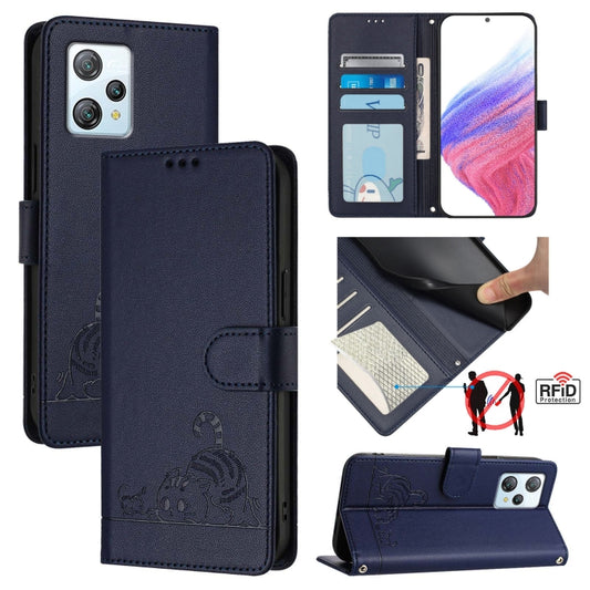 For Blackview A53 Cat Rat Embossed Pattern RFID Leather Phone Case with Lanyard(Blue) - More Brand by buy2fix | Online Shopping UK | buy2fix