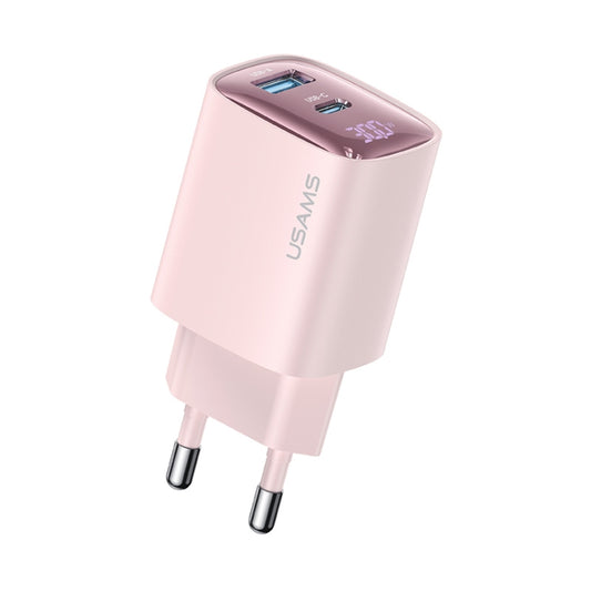 USAMS CC229 30W USB+USB-C / Type-C Dual Port GaN Digital Display Charger, Specifications: EU Plug(Pink) - USB Charger by USAMS | Online Shopping UK | buy2fix