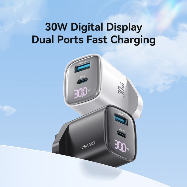 USAMS CC231 30W USB+USB-C / Type-C Dual Port GaN Digital Display Charger, Specifications: UK Plug(White) - USB Charger by USAMS | Online Shopping UK | buy2fix