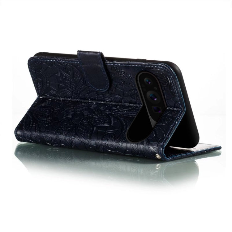 For Google Pixel 9 Pro Lace Flower Embossing Flip Leather Phone Case(Dark Blue) - Google Cases by buy2fix | Online Shopping UK | buy2fix