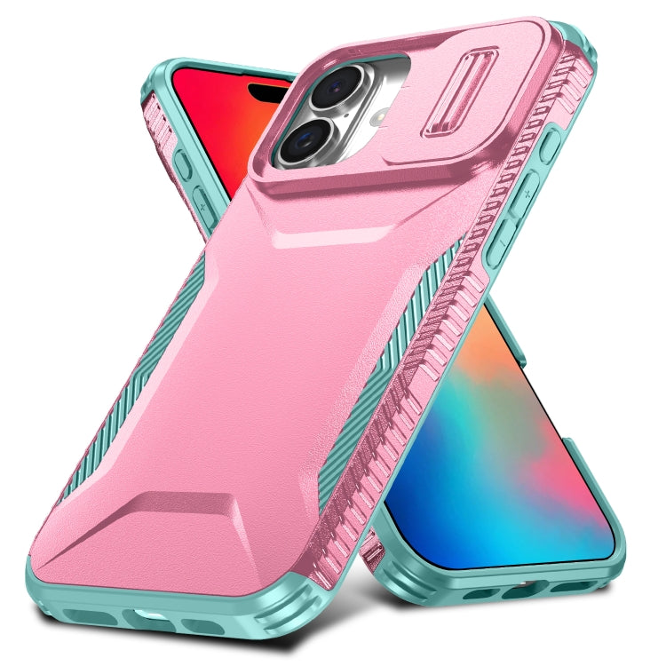 For iPhone 16 Plus Sliding Camshield Phone Case(Pink + Grey Green) - iPhone 16 Plus Cases by buy2fix | Online Shopping UK | buy2fix