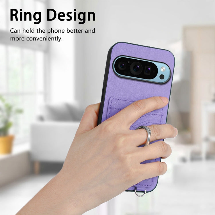 For Google Pixel 9 / 9 Pro R20 Crossbody Rope Ring Card Holder Phone Case(Purple) - Google Cases by buy2fix | Online Shopping UK | buy2fix