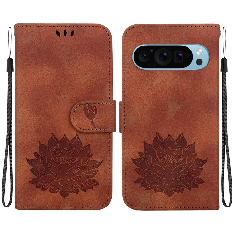 For Google Pixel 9 Pro Lotus Embossed Leather Phone Case(Brown) - Google Cases by buy2fix | Online Shopping UK | buy2fix