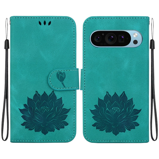 For Google Pixel 9 Pro Lotus Embossed Leather Phone Case(Green) - Google Cases by buy2fix | Online Shopping UK | buy2fix