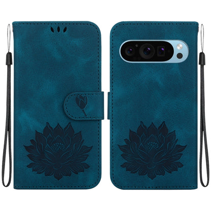 For Google Pixel 9 Lotus Embossed Leather Phone Case(Dark Blue) - Google Cases by buy2fix | Online Shopping UK | buy2fix