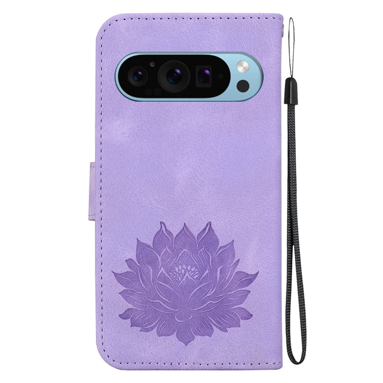 For Google Pixel 9 Lotus Embossed Leather Phone Case(Purple) - Google Cases by buy2fix | Online Shopping UK | buy2fix