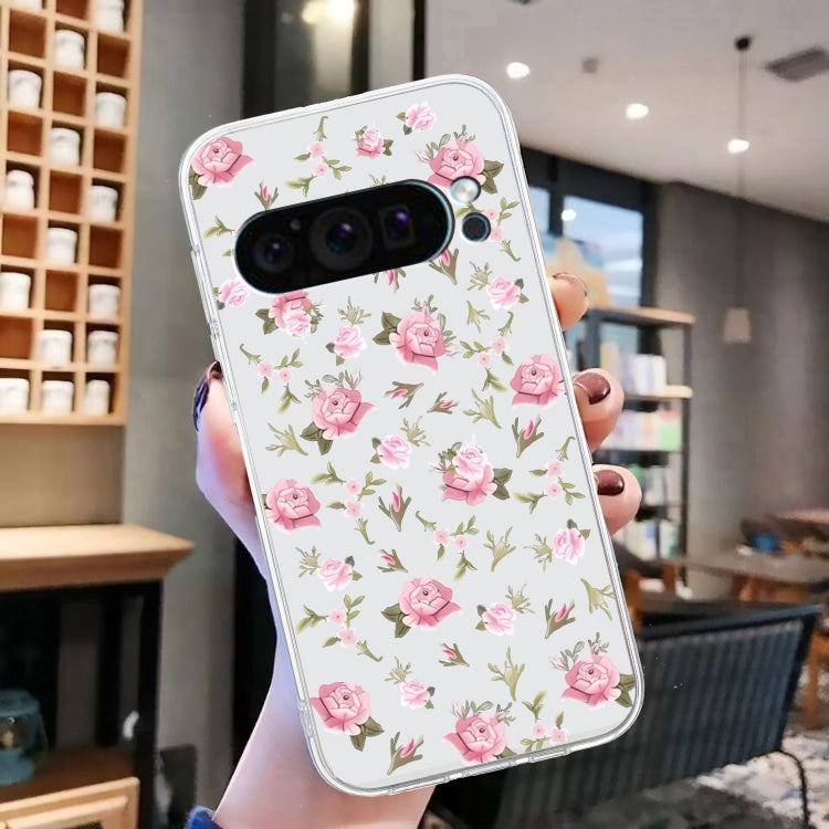 For Google Pixel 9 Colored Drawing Pattern Transparent TPU Phone Case(Pink Floral) - Google Cases by buy2fix | Online Shopping UK | buy2fix