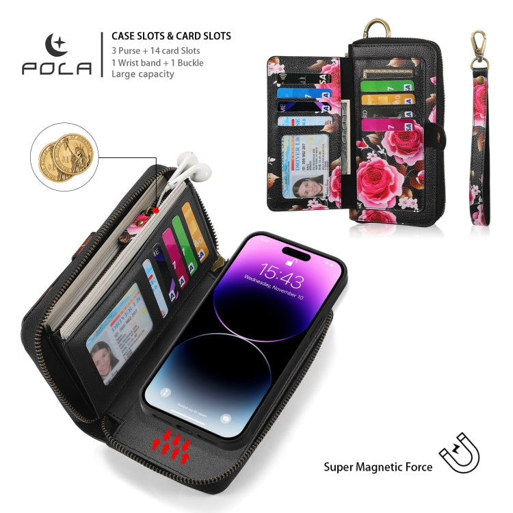 For iPhone 14 POLA MagSafe Flower Multi-functional Zipper Wallet Leather Phone Case(Black) - iPhone 14 Cases by buy2fix | Online Shopping UK | buy2fix