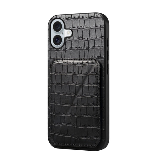 For iPhone 16 Imitation Crocodile Leather Back Phone Case with Holder(Black) - iPhone 16 Cases by buy2fix | Online Shopping UK | buy2fix