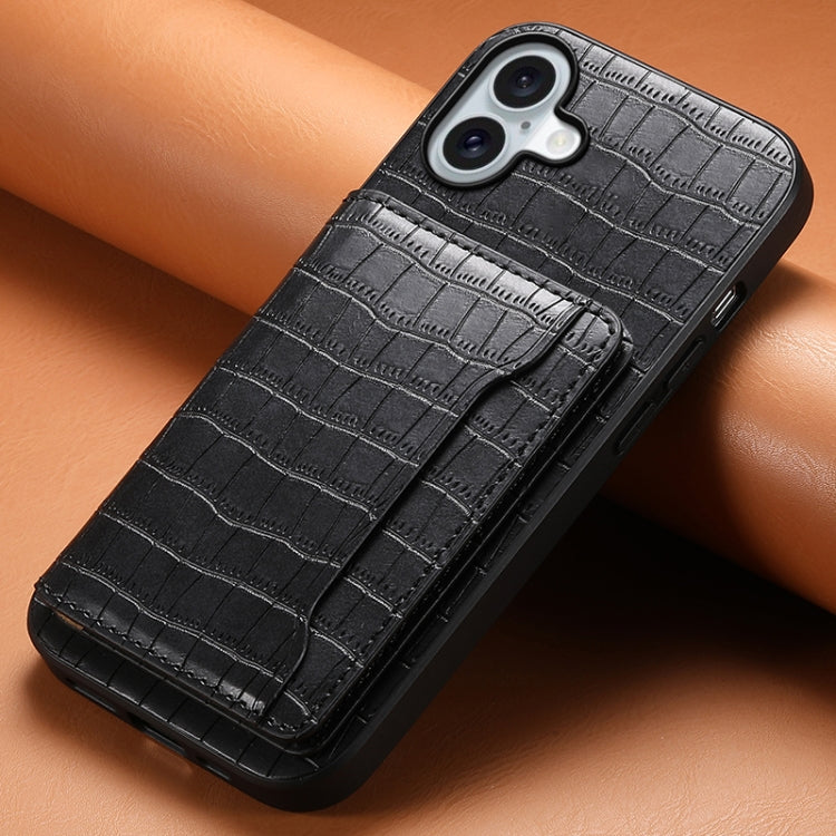 For iPhone 16 Plus Crocodile Texture Card Bag Design Full Coverage Phone Case(Black) - iPhone 16 Plus Cases by buy2fix | Online Shopping UK | buy2fix