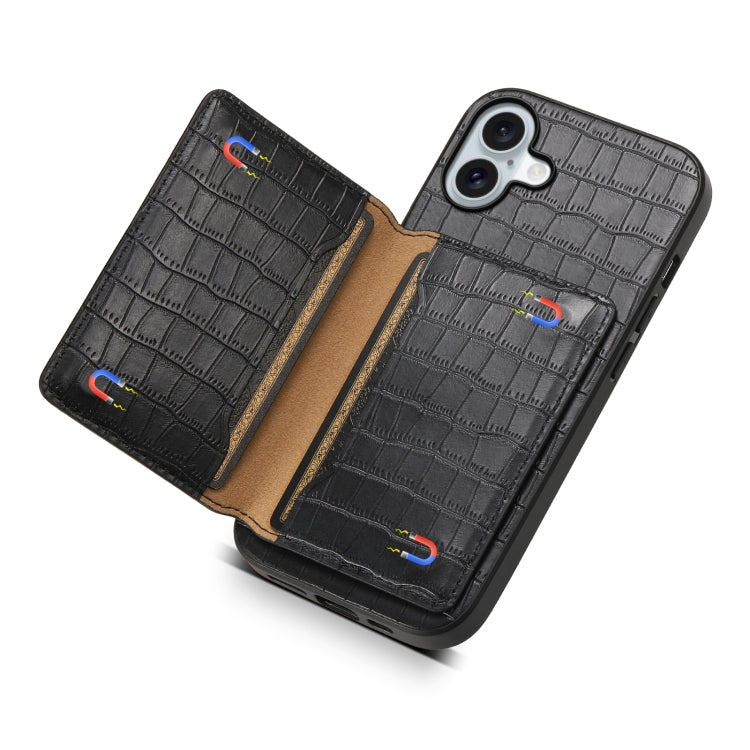 For iPhone 16 Plus Crocodile Texture Card Bag Design Full Coverage Phone Case(Black) - iPhone 16 Plus Cases by buy2fix | Online Shopping UK | buy2fix