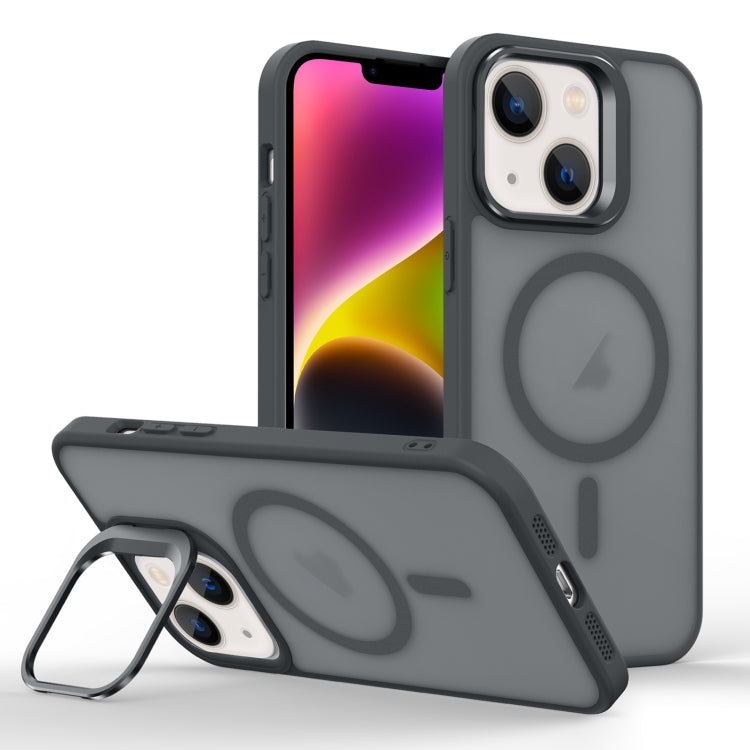 For iPhone 14 Magsafe Skin Feel Lens Holder Phone Case(Titanium Black) - iPhone 14 Cases by buy2fix | Online Shopping UK | buy2fix