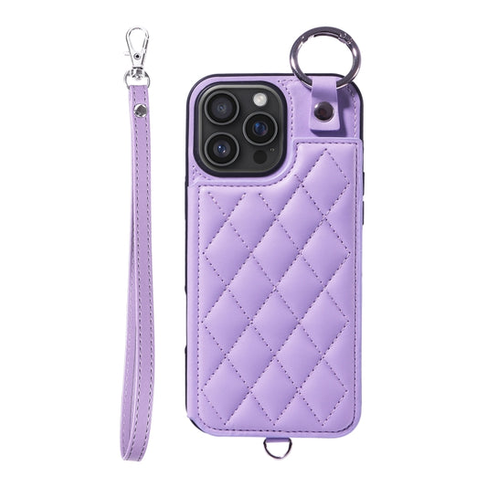 For iPhone 16 Pro Max Rhombic Texture Card Bag Phone Case with Short Lanyard(Purple) - iPhone 16 Pro Max Cases by buy2fix | Online Shopping UK | buy2fix