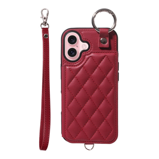 For iPhone 16 Rhombic Texture Card Bag Phone Case with Short Lanyard(Wine Red) - iPhone 16 Cases by buy2fix | Online Shopping UK | buy2fix