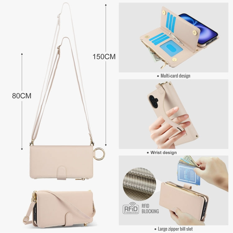 For iPhone 16 Crossbody Ring Multifunctional Wallet Leather Phone Case(White) - iPhone 16 Cases by buy2fix | Online Shopping UK | buy2fix