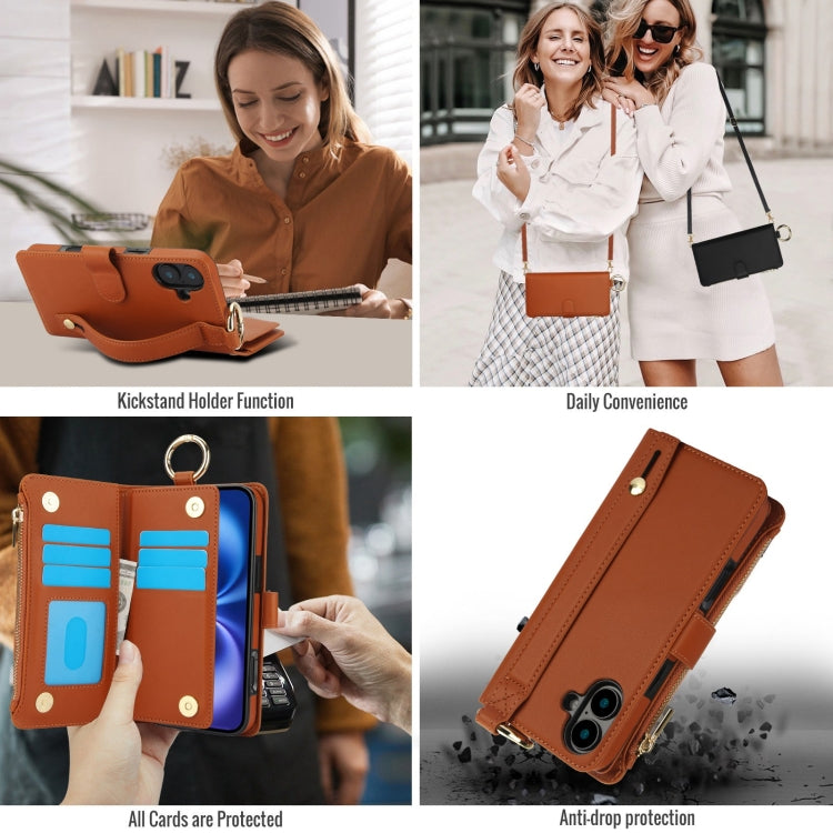 For iPhone 16 Crossbody Ring Multifunctional Wallet Leather Phone Case(Brown) - iPhone 16 Cases by buy2fix | Online Shopping UK | buy2fix