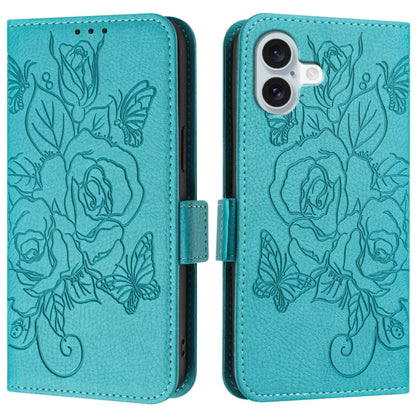 For iPhone 16 Embossed Rose RFID Anti-theft Leather Phone Case(Light Blue) - iPhone 16 Cases by buy2fix | Online Shopping UK | buy2fix